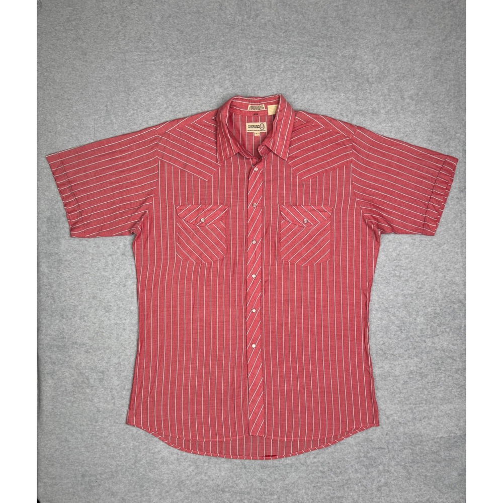 Vinatge Mens Red White Striped Pearl Snap Western Fit Shirt Large Cowboy
